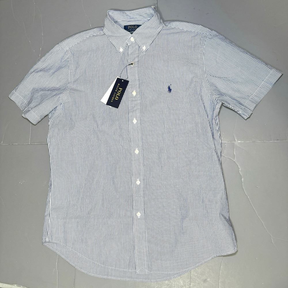 Polo Ralph Lauren Shirt RL Untucked Fit Seersucker M Med Blue White Short Sleeve